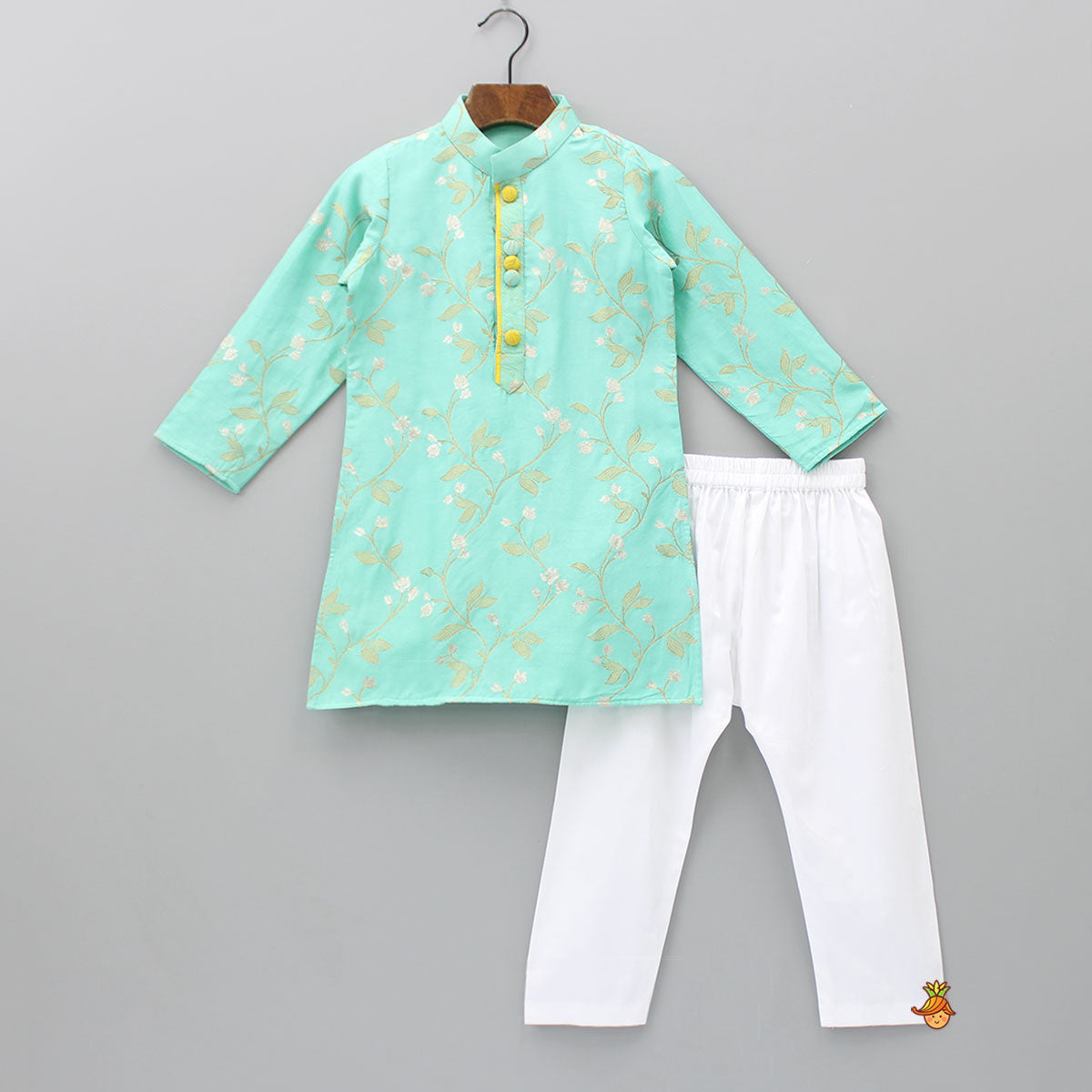 Pre Order: Elegant Leaves Embroidered Kurta With White Pyjama
