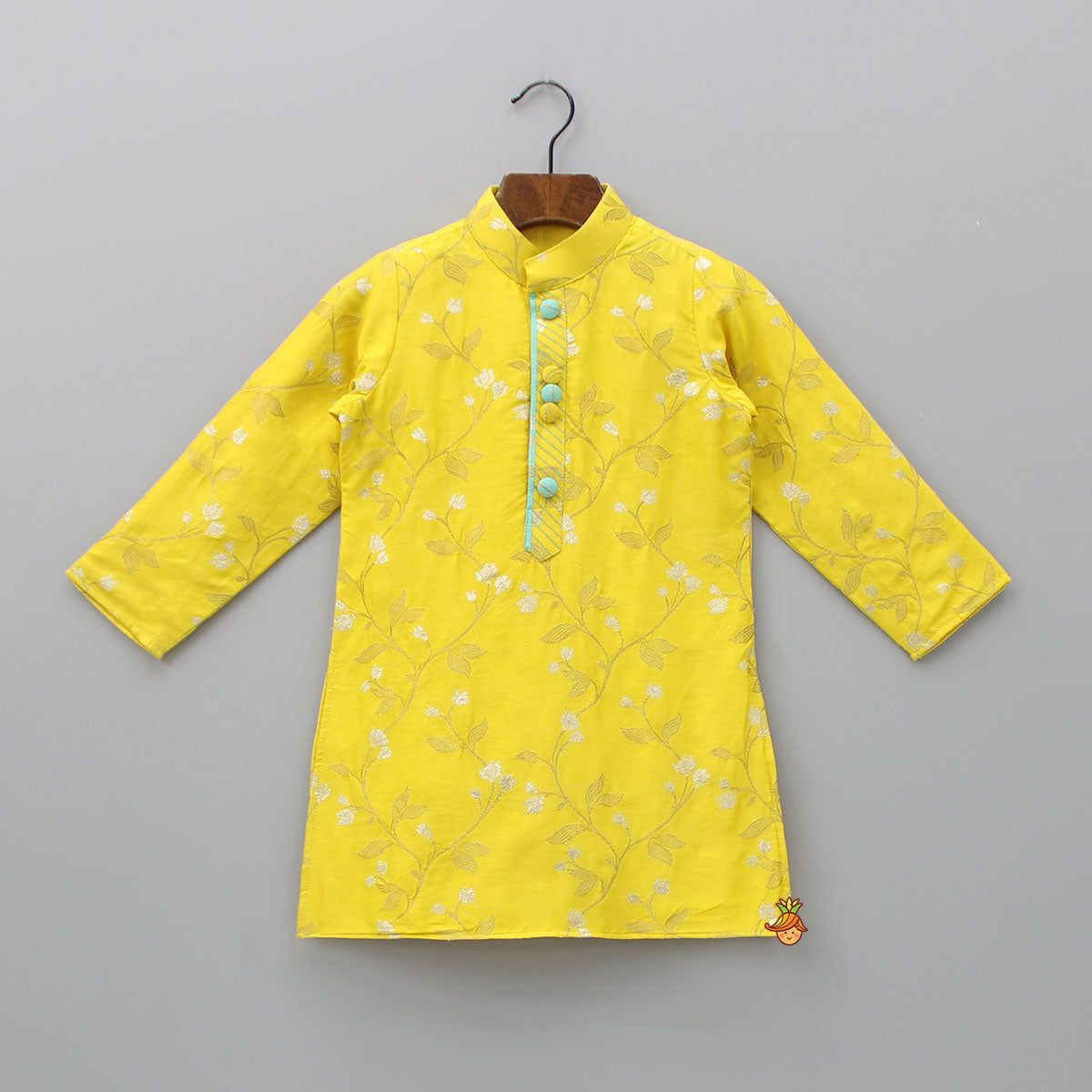 Elegant Leaves Embroidered Yellow Kurta With White Pyjama