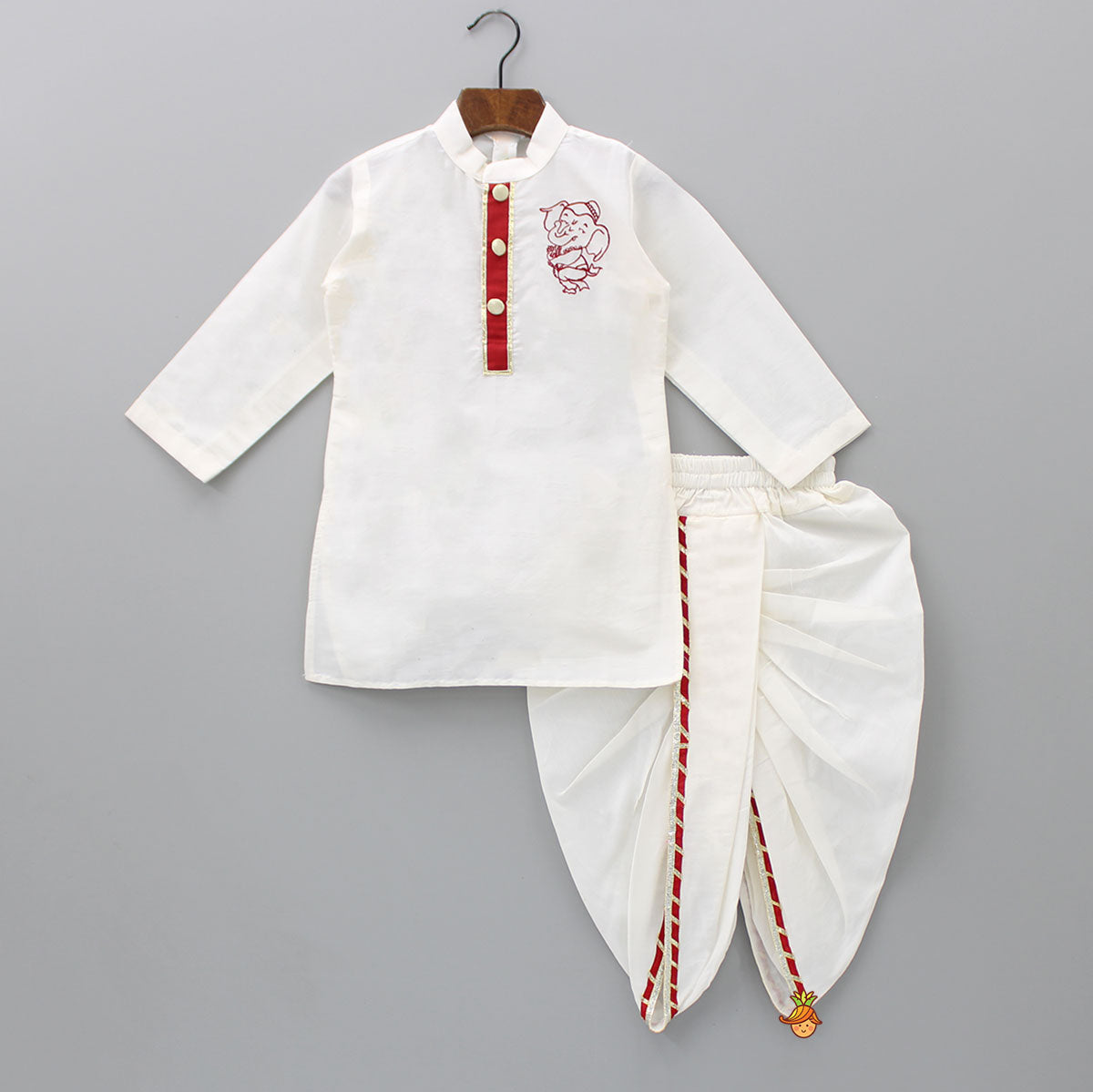 Pre Order: Ganesha Embroidered Off White Kurta And Dhoti
