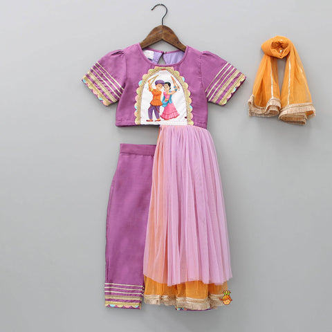 Pre Order: Dandiya Raas Printed Top With Attached Draped And Pant With Dupatta