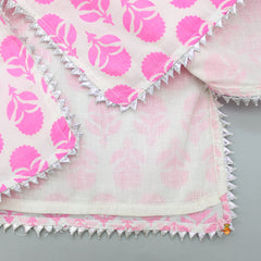Pre Order: Floral Printed Gota Work Pink Kurti And Sharara With Net Dupatta