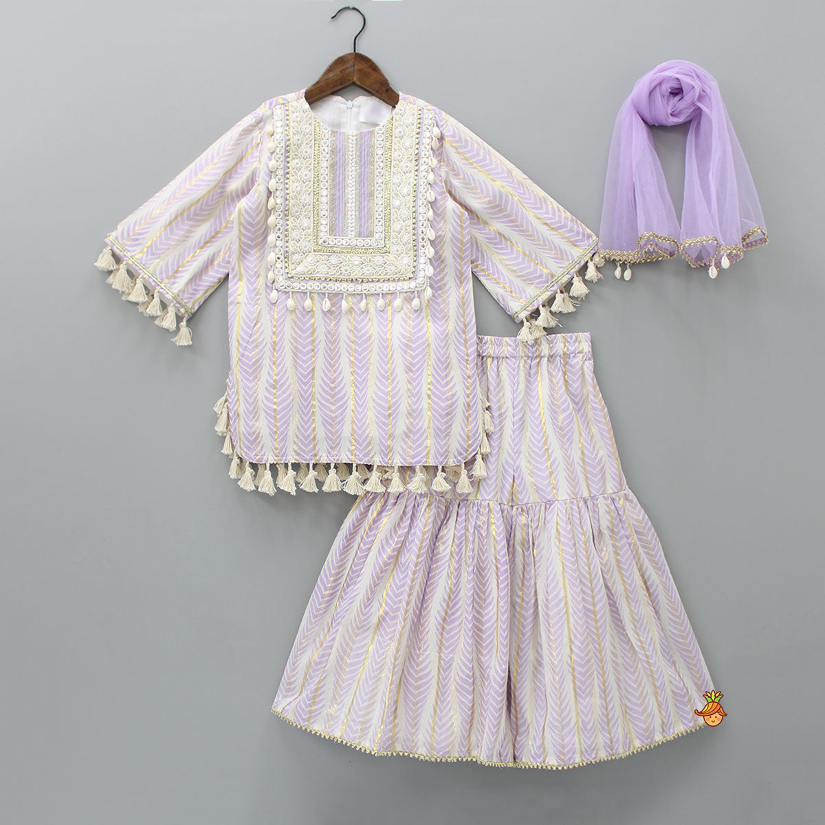 Pre Order: Lovely Lilac Embroidered Kurti And Sharara With Dupatta