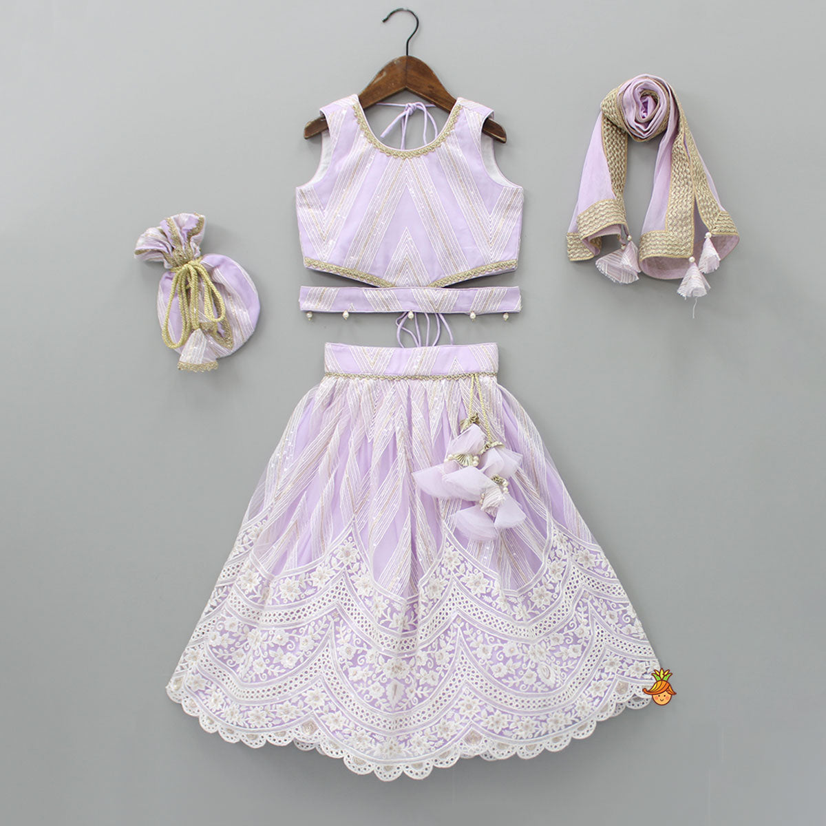 Sequins Embellished Lilac Top And Lehenga With Dupatta And Potli Bag