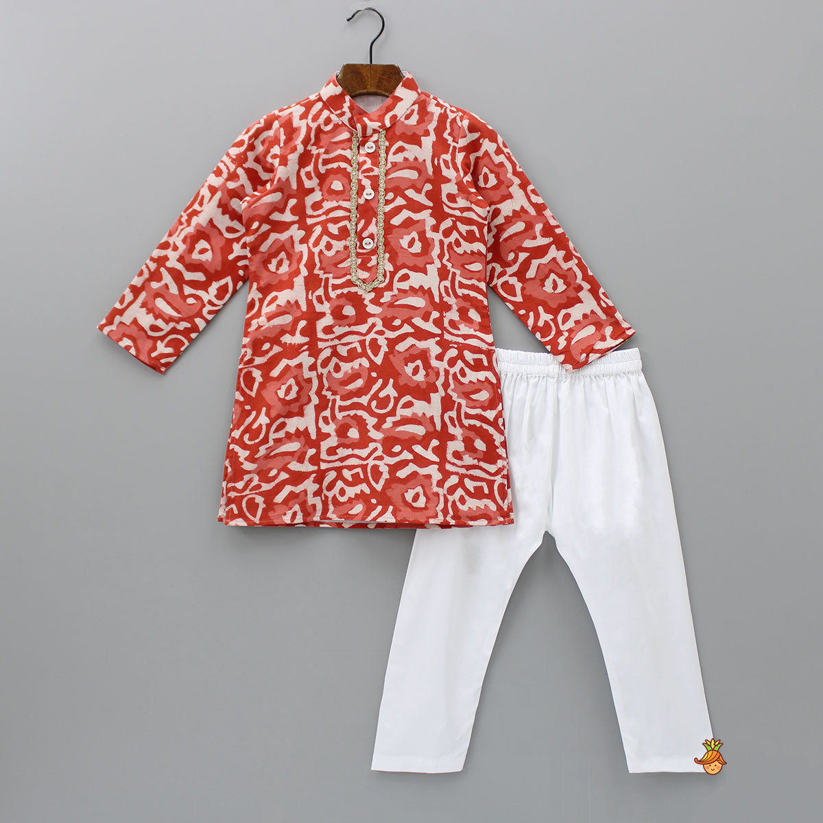Pre Order: Ethnic Printed Lace Detailed Red Kurta With Pyjama