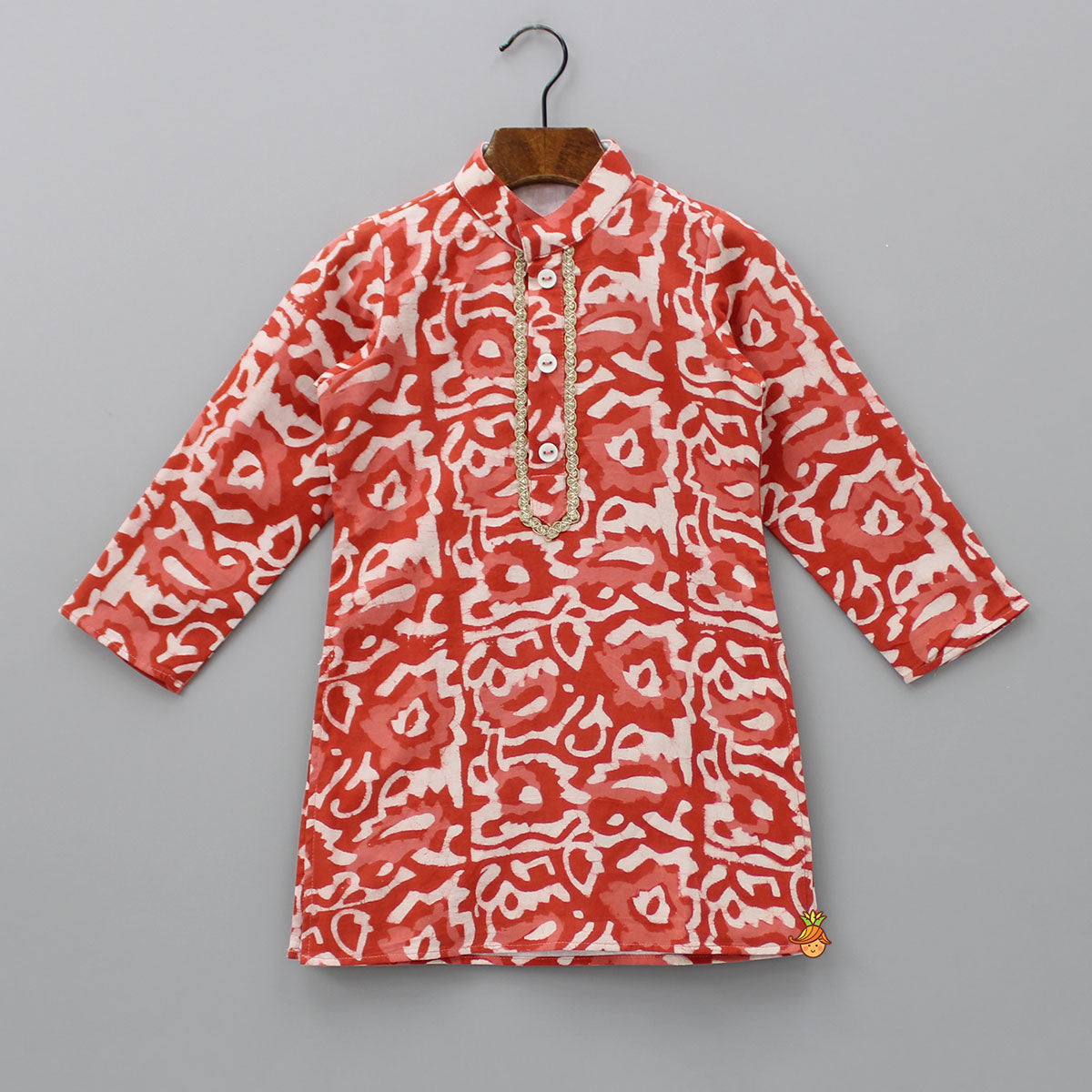 Ethnic Printed Lace Detailed Red Kurta With Pyjama