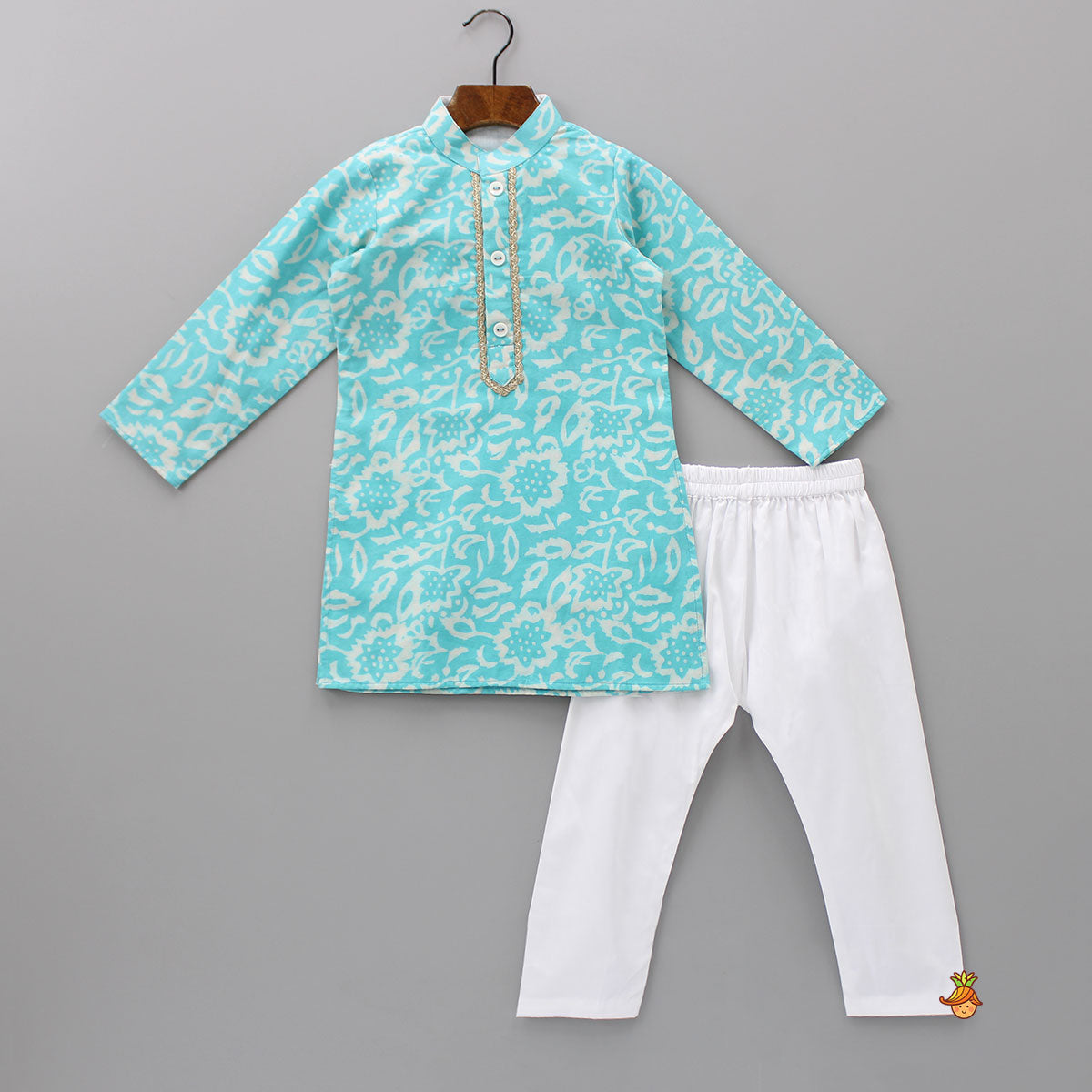 Pre Order: Ethnic Printed Lace Detailed Blue Kurta With Pyjama