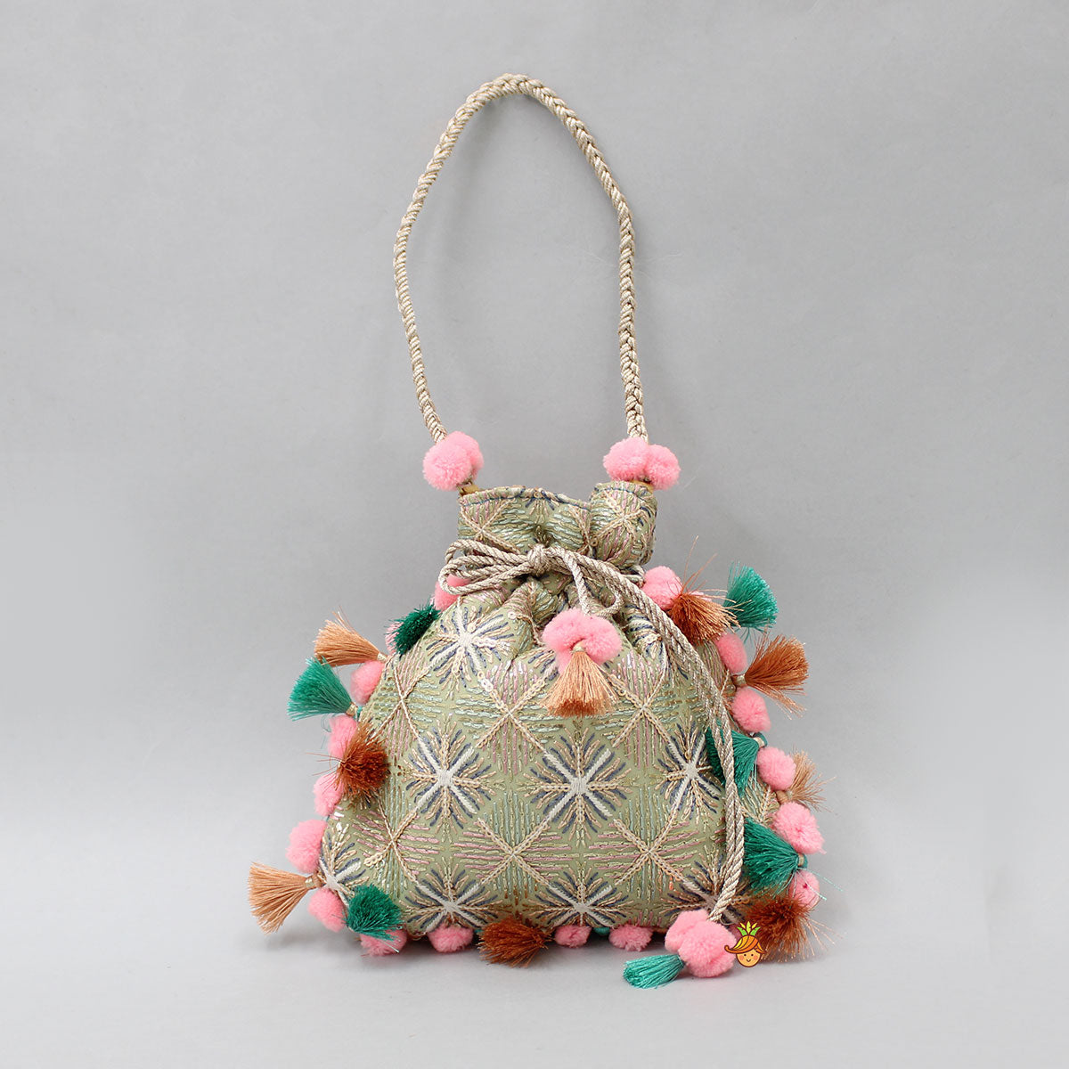 Pre Order: Sequins Embellished Pom Poms And Fringed Detailed Potli Bag