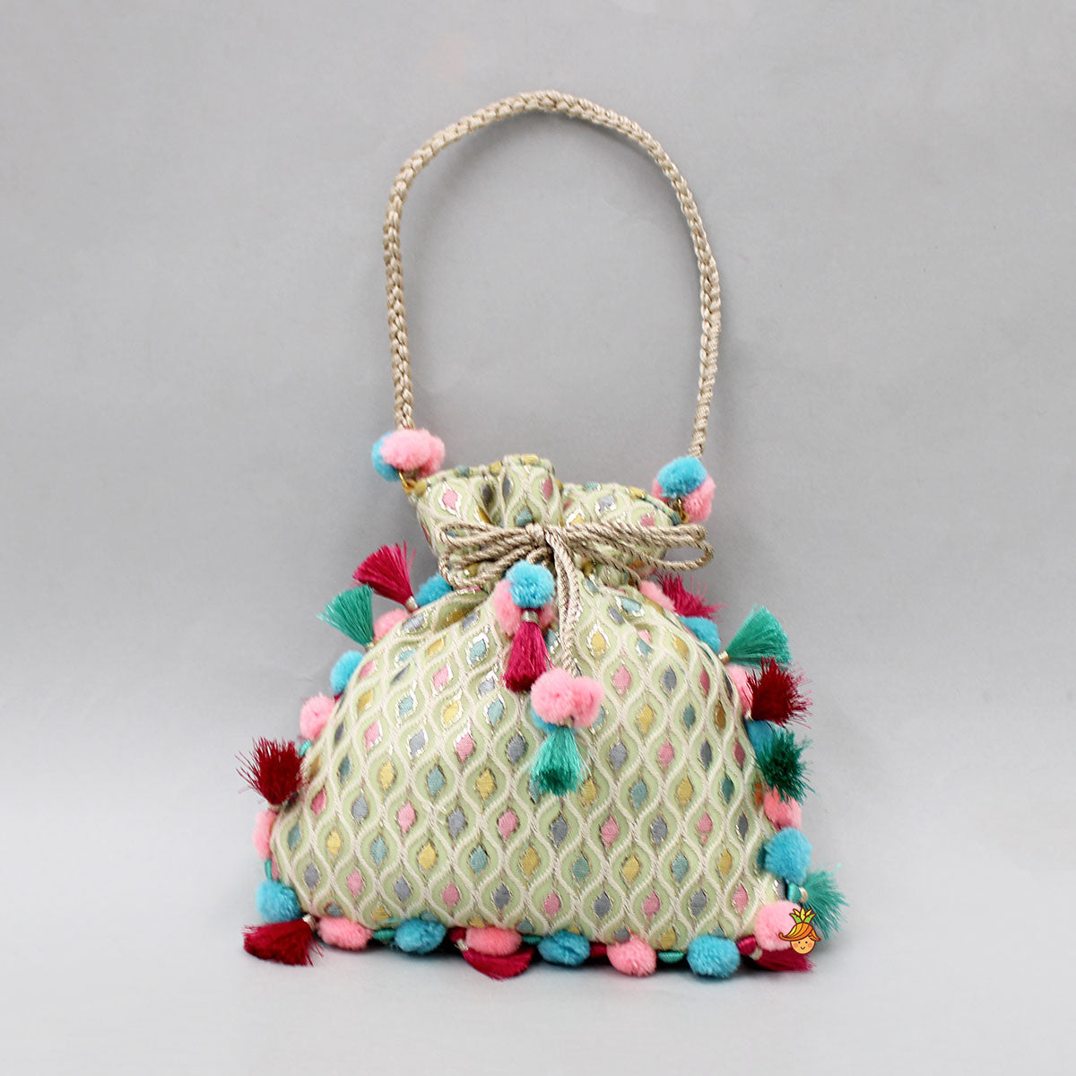 Pre Order: Elegant Thread Embroidered Pom Poms Enhanced Potli Bag