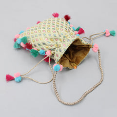 Pre Order: Elegant Thread Embroidered Pom Poms Enhanced Potli Bag