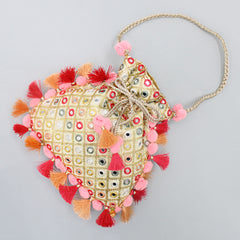 Pre Order: Charming Faux Mirror Work Dual Toned Fringed Detailed Potli Bag