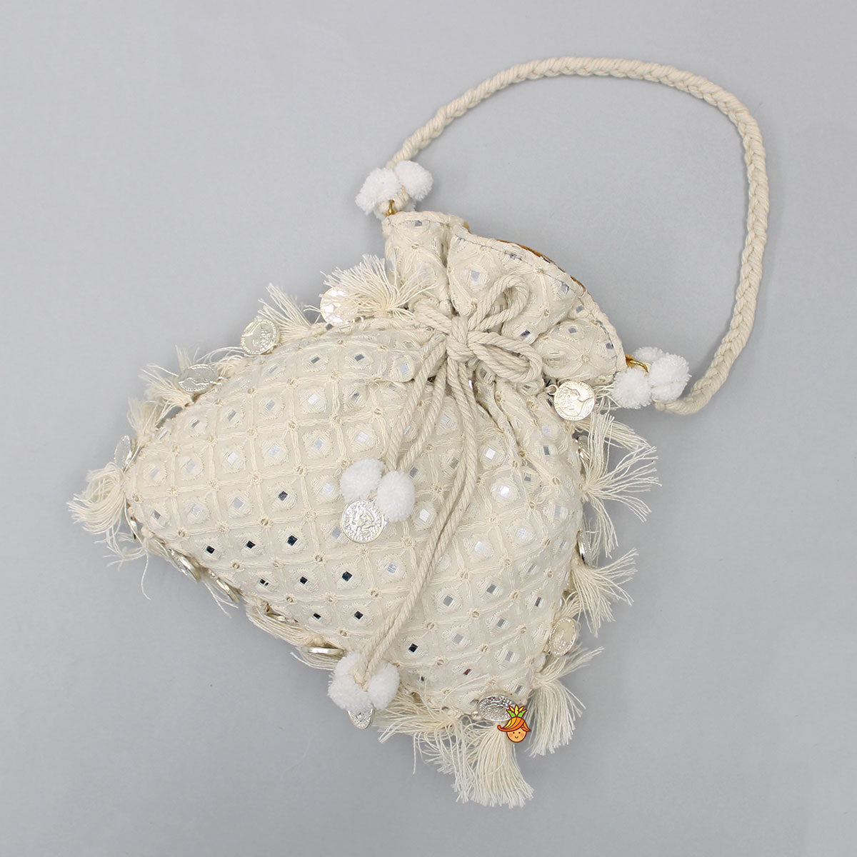 Pre Order: Adorable Faux Mirror Embroidered Off White Potli Bag