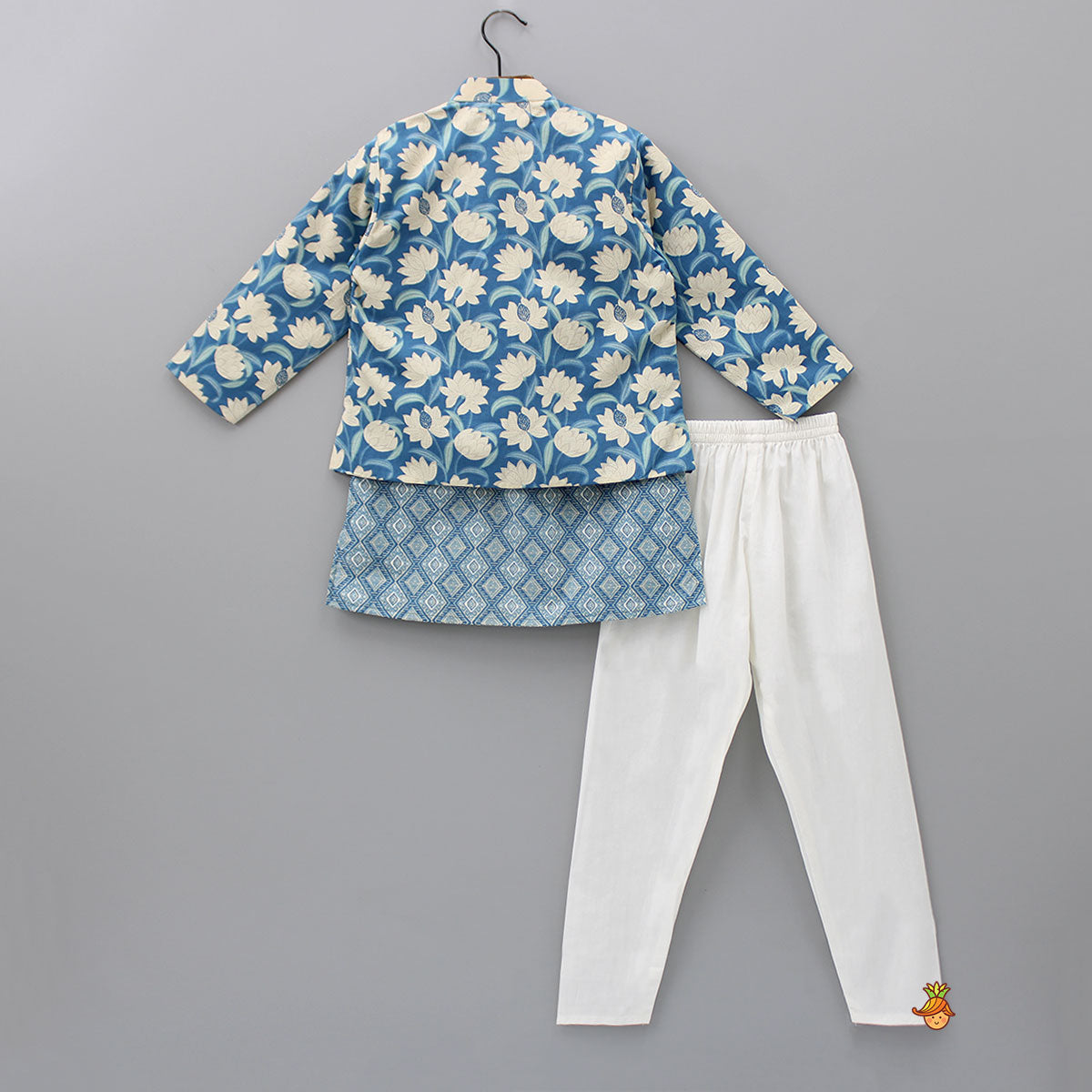 Printed Blue Kurta With Floral Printed Jacket And Pyjama