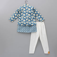Printed Blue Kurta With Floral Printed Jacket And Pyjama