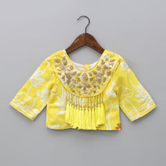 Pre Order: Floral Printed Yellow Fringed Detailed Top And Lehenga With Dupatta