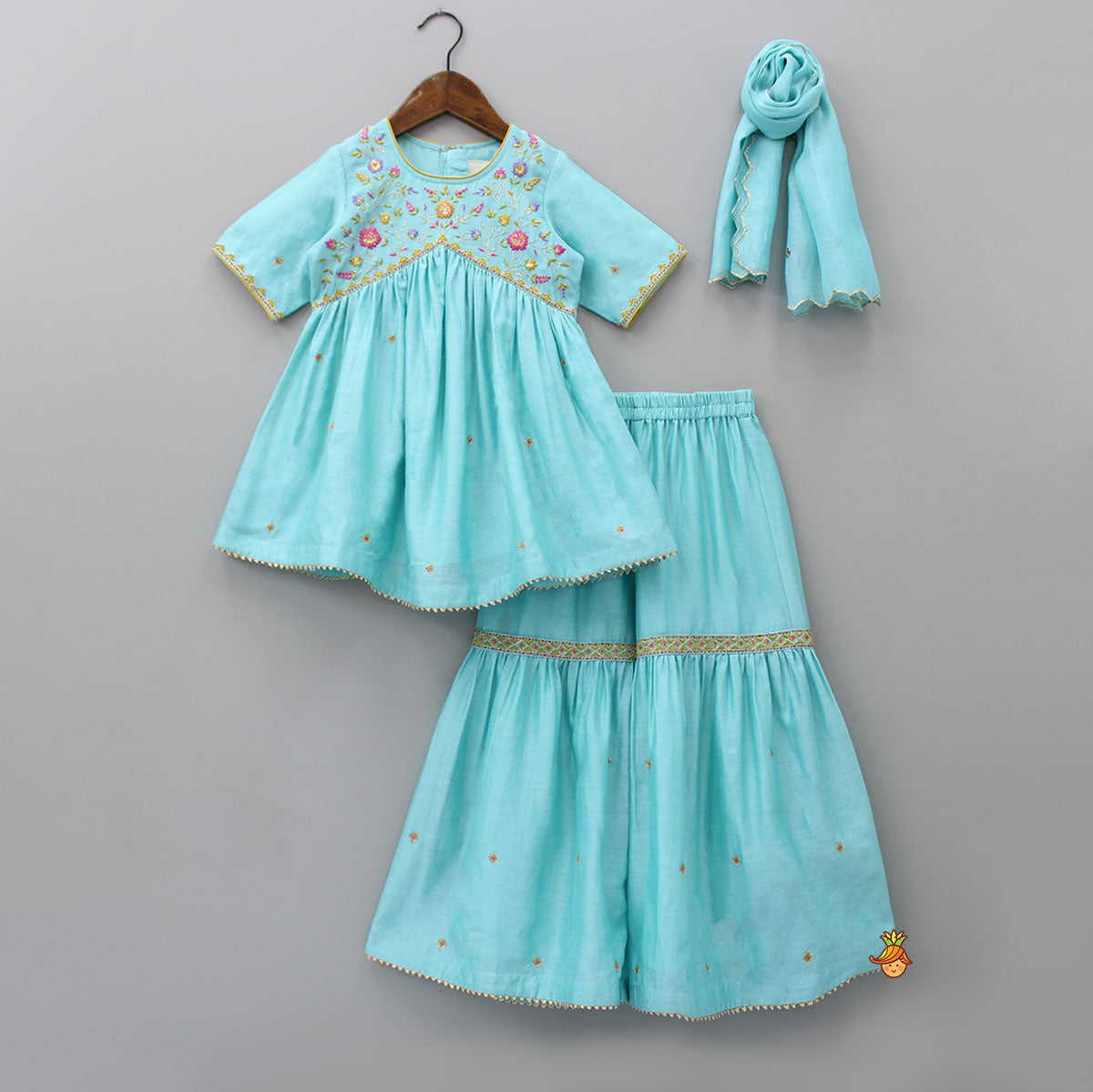 Pre Order: Elegant Floral Embroidered Blue Kurti With Sharara And Dupatta