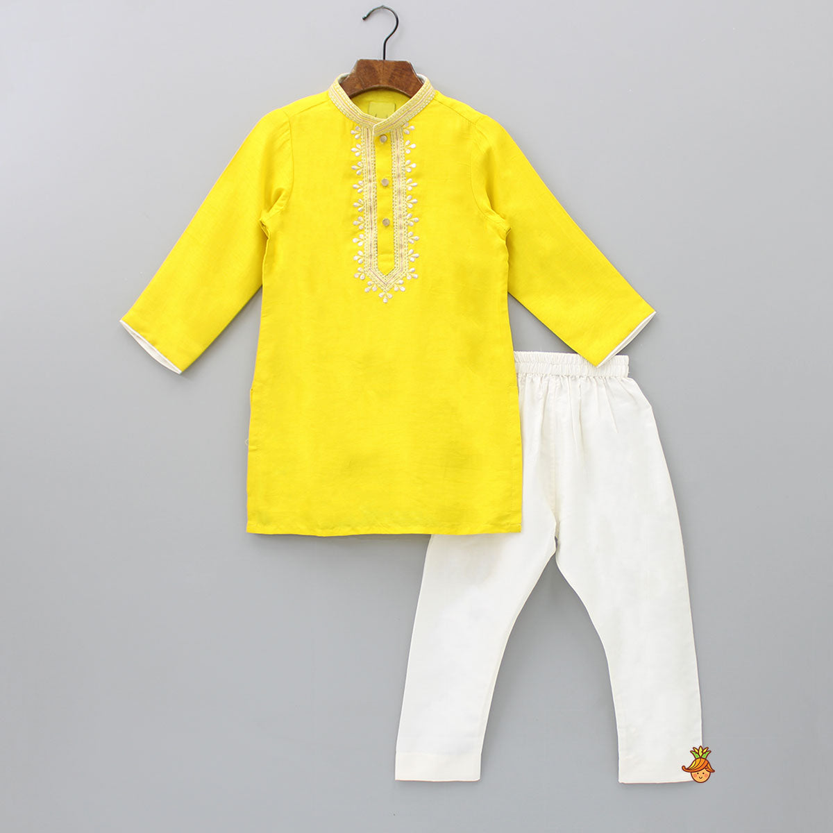 Pre Order: Stunning Embroidered Yellow Kurta With Off White Pyjama