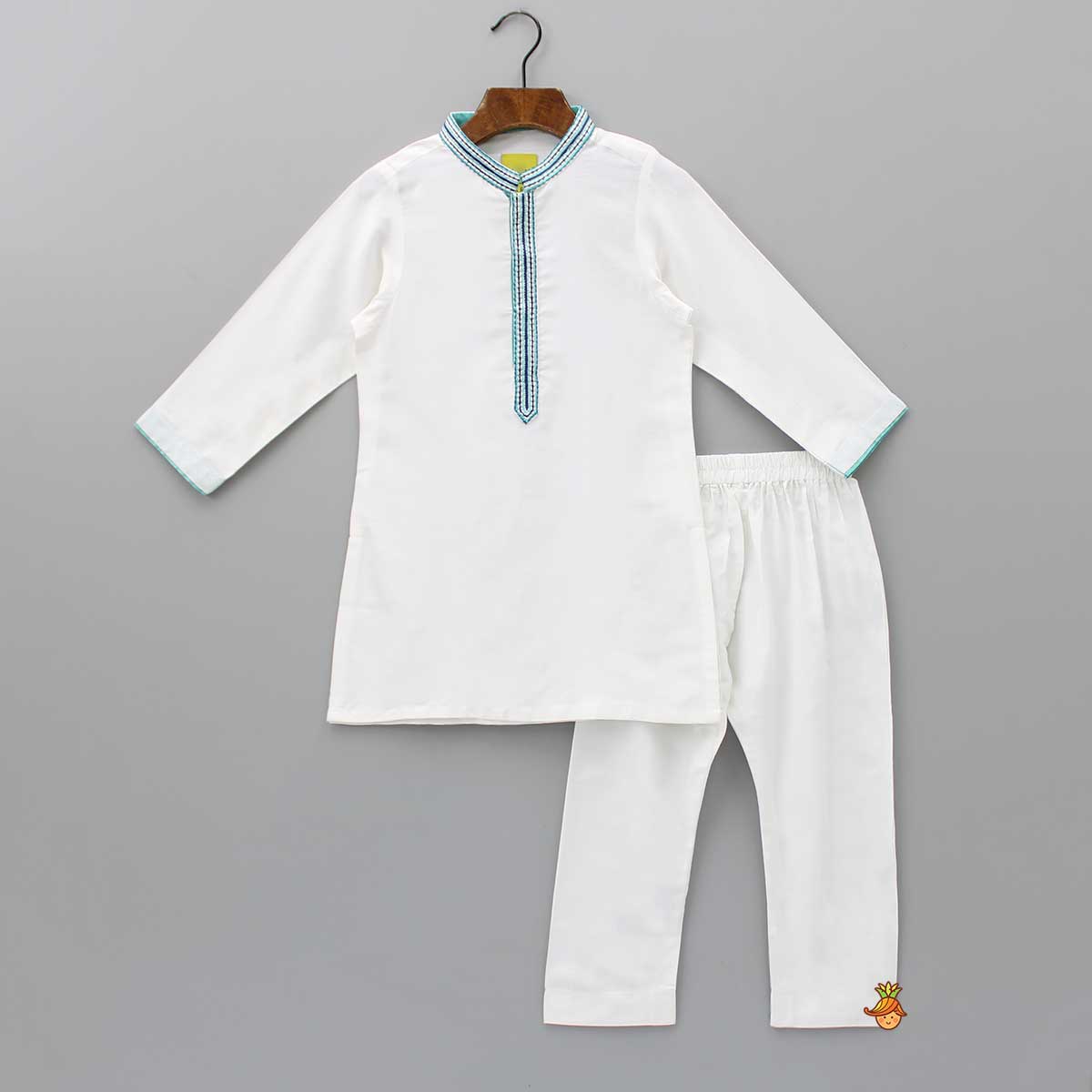 Embroidered Front Placket White Kurta With Pocket Detail Blue Jacket And Pyjama
