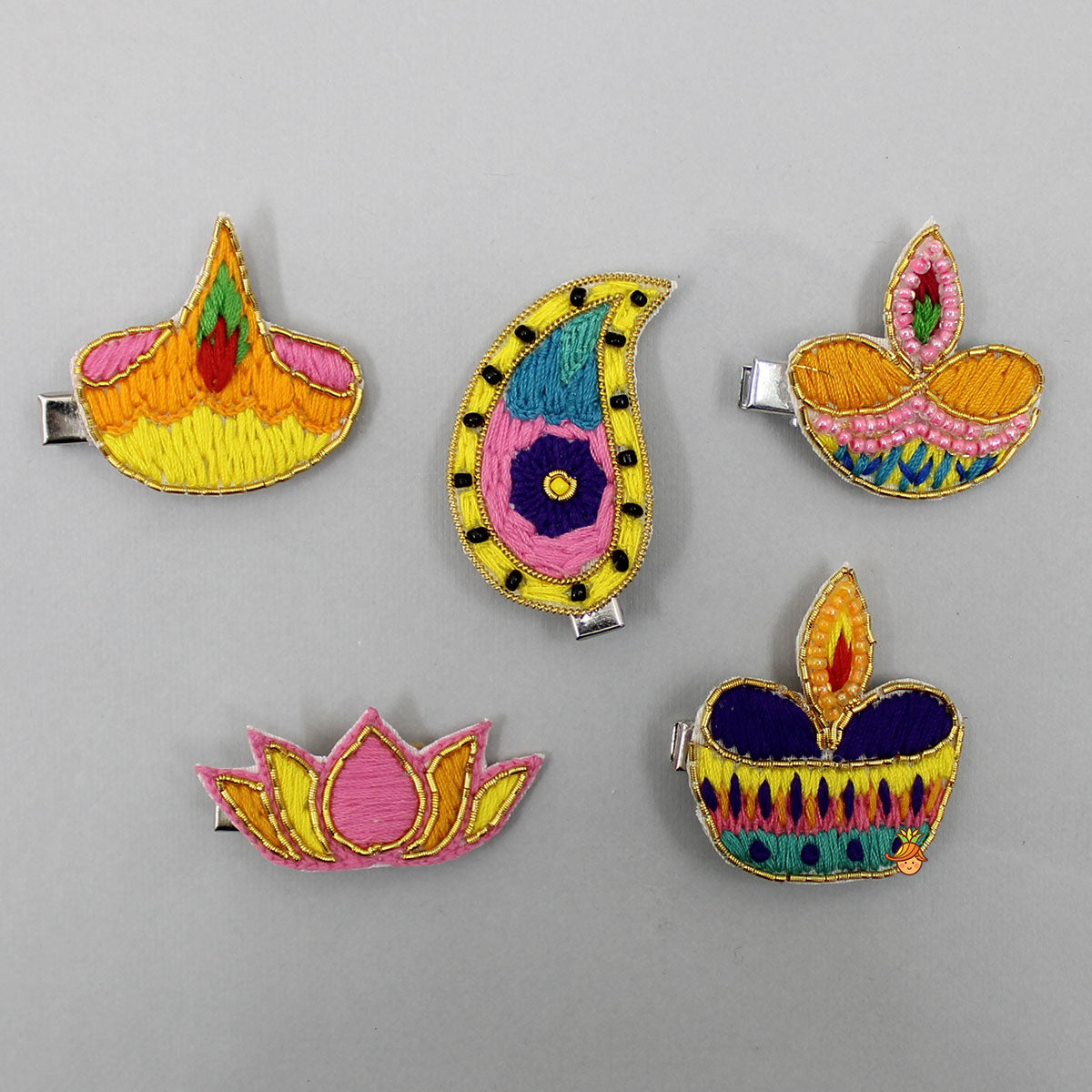 Thread Embroidered Diyas And Lotus With Motif Hair Clips