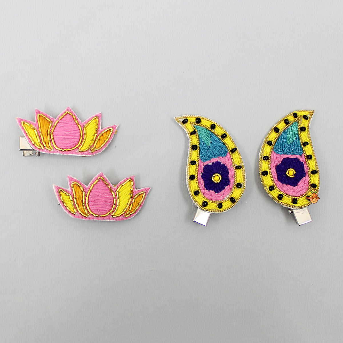 Thread Embroidered Lotus And Motif Hair Clips