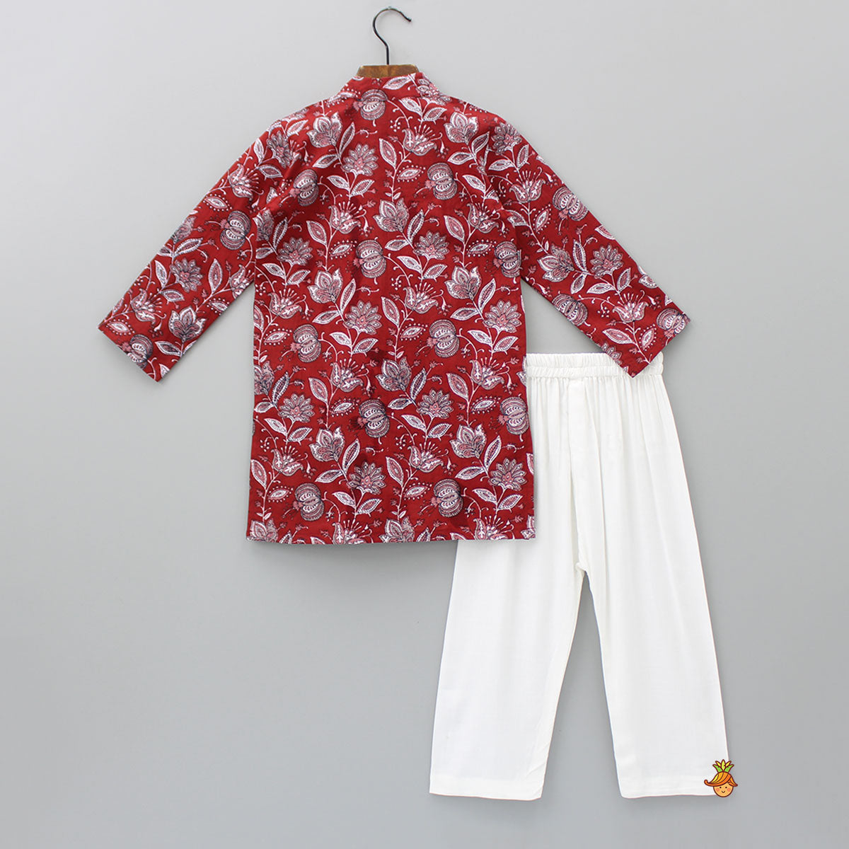 Floral Printed Red Lace Work Kurta And Pyjama