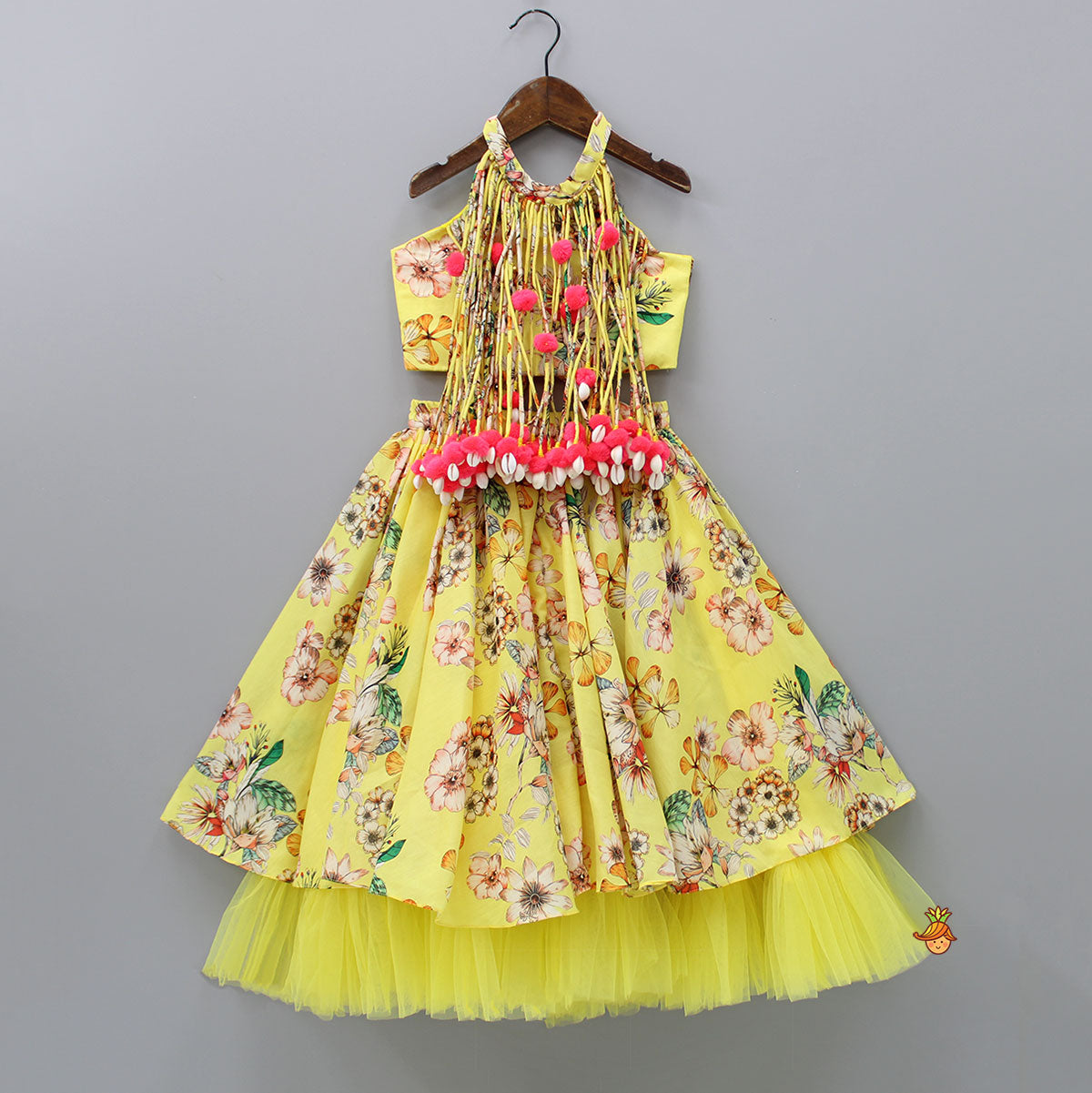 Pre Order: Floral Printed Pom Poms Detailed Yellow Top And Lehenga