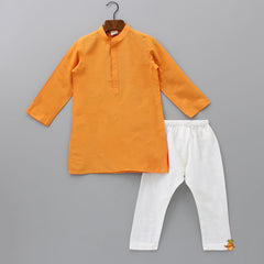 Pre Order: Orange Kurta With Ganesha Embroidered Jacket And Pyjama