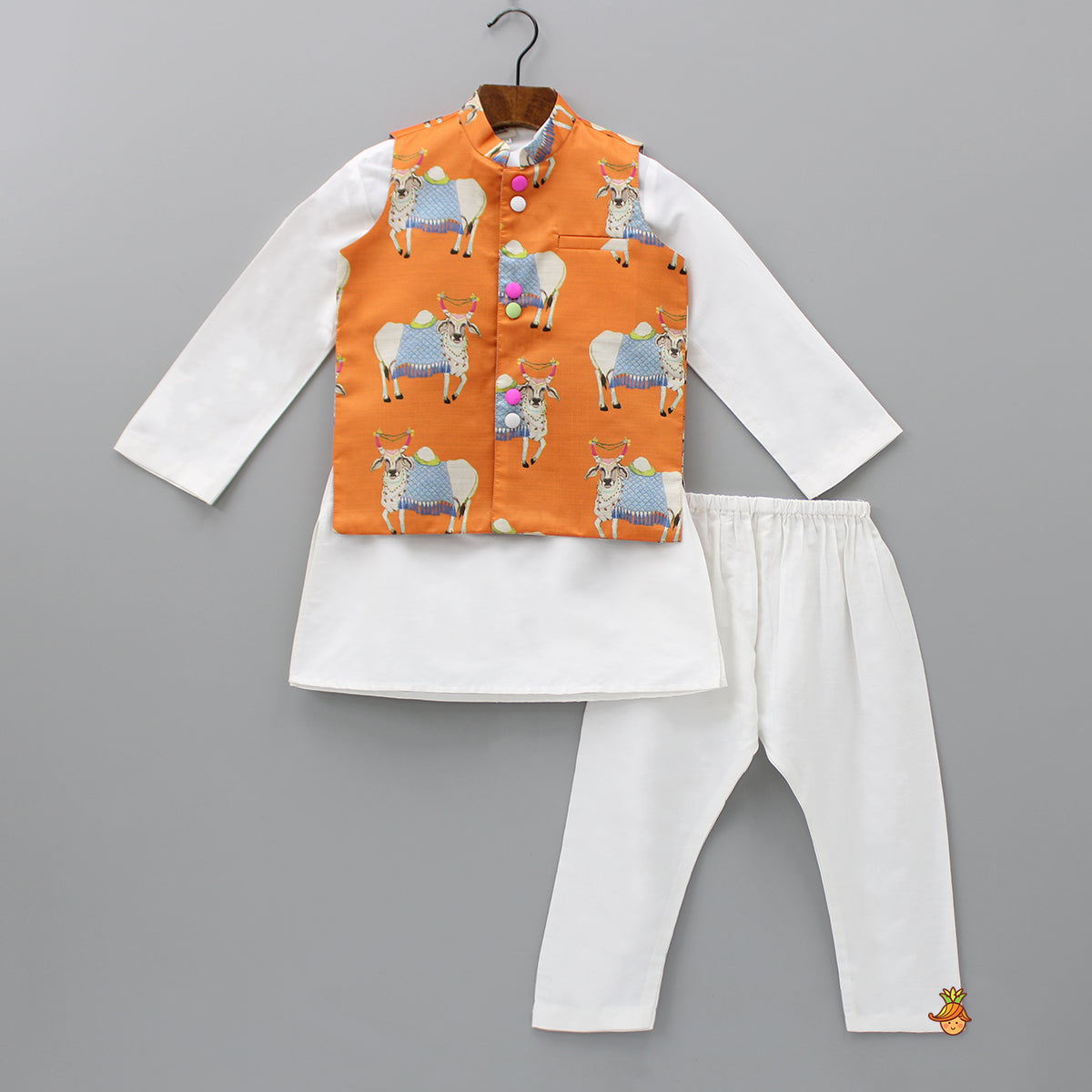 Pre Order: Kurta With Printed Orange Jacket And Pyjama