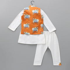 Pre Order: Kurta With Printed Orange Jacket And Pyjama