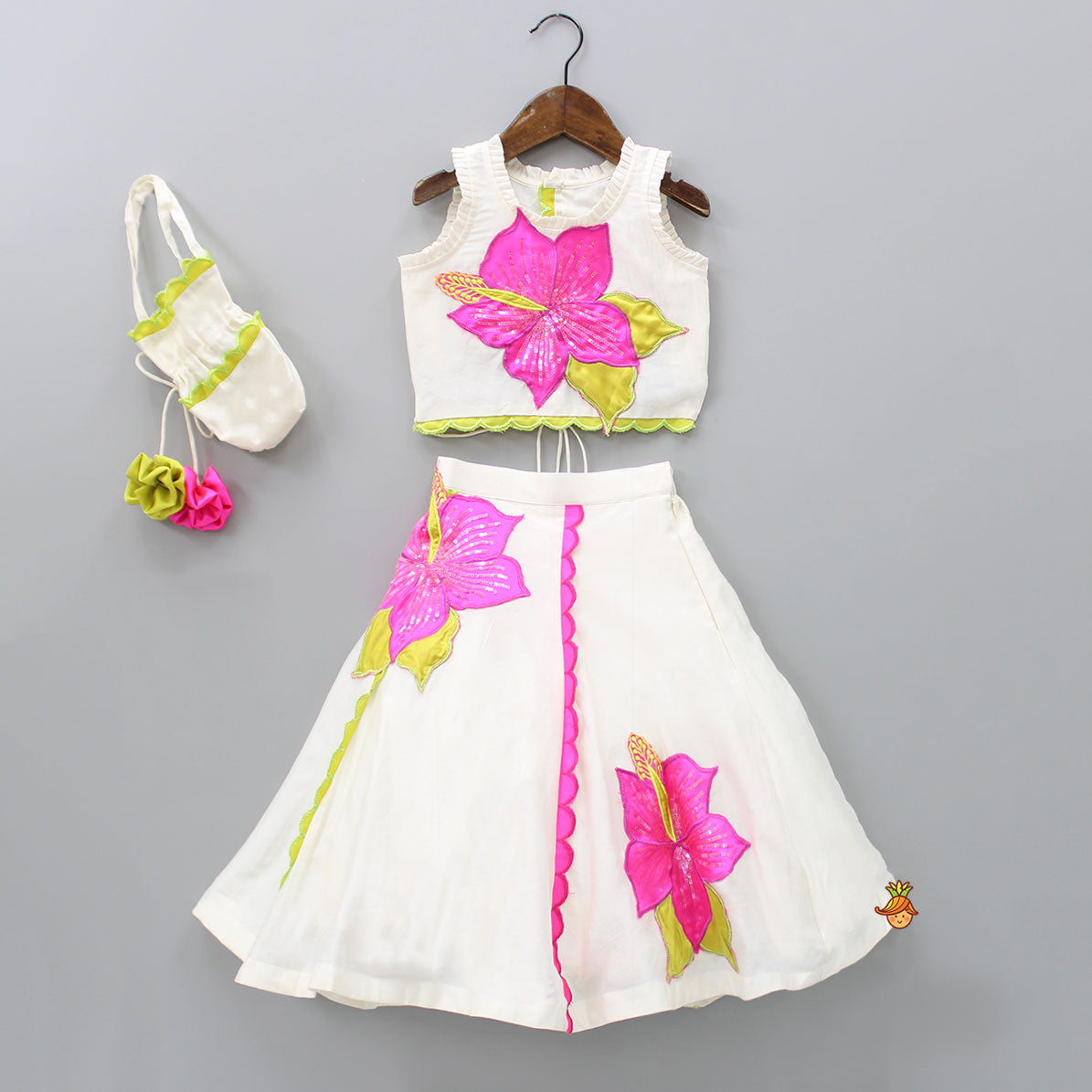 Pre Order: Exquisite Floral Embroidered Top And Lehenga With Potli Bag