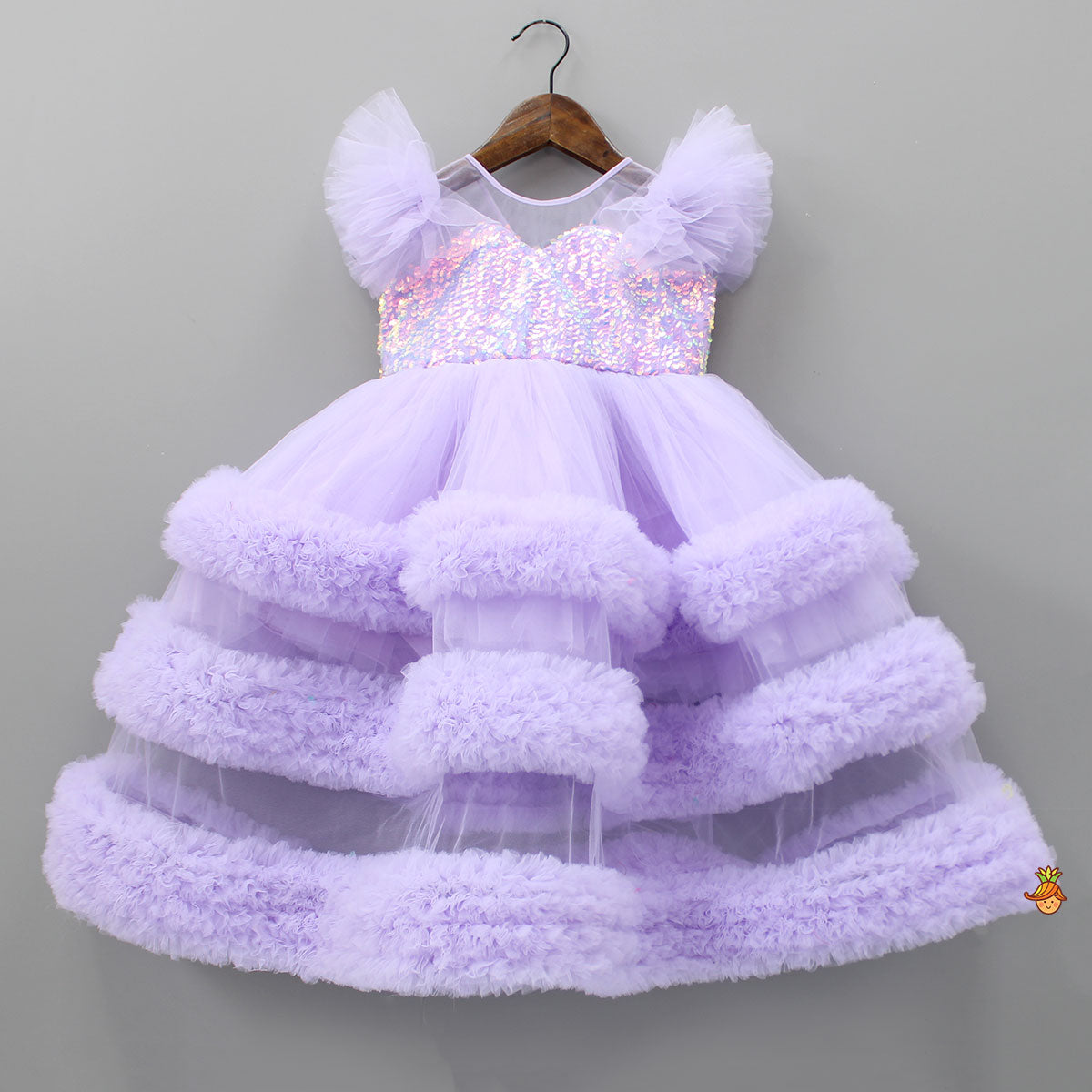Pre Order: Sequins Embellished Yoke Frilled Net Gown