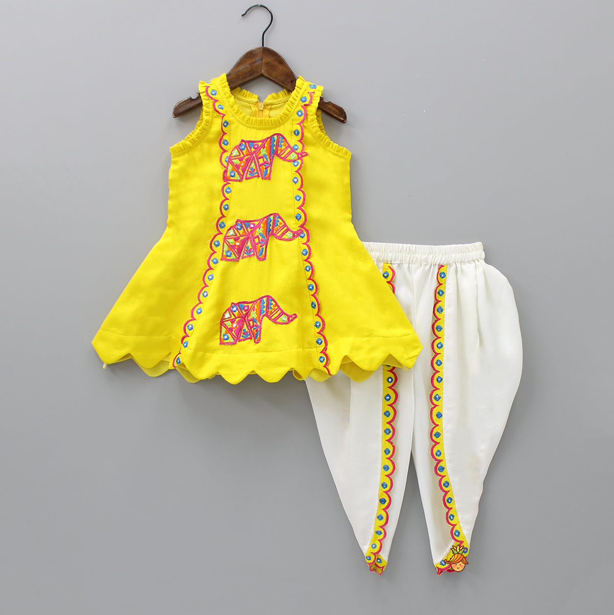 Scalloped Lace And Hem Detailed Yellow Kurti With Dhoti And Potli Bag