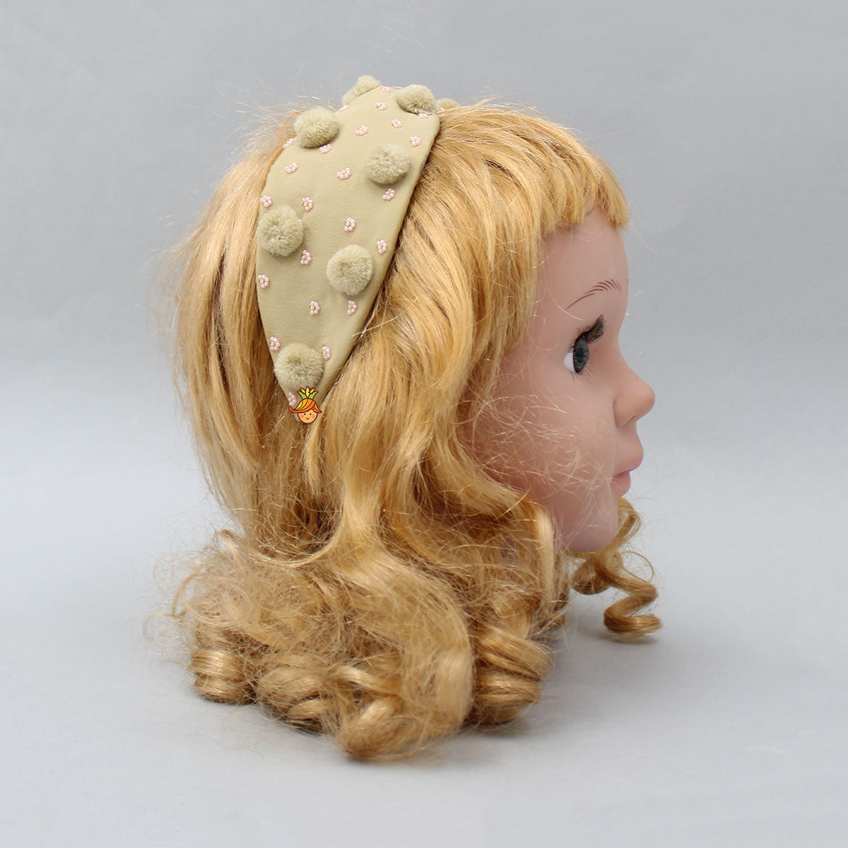 Pom Poms And Beads Embroidered Beige Hair Band