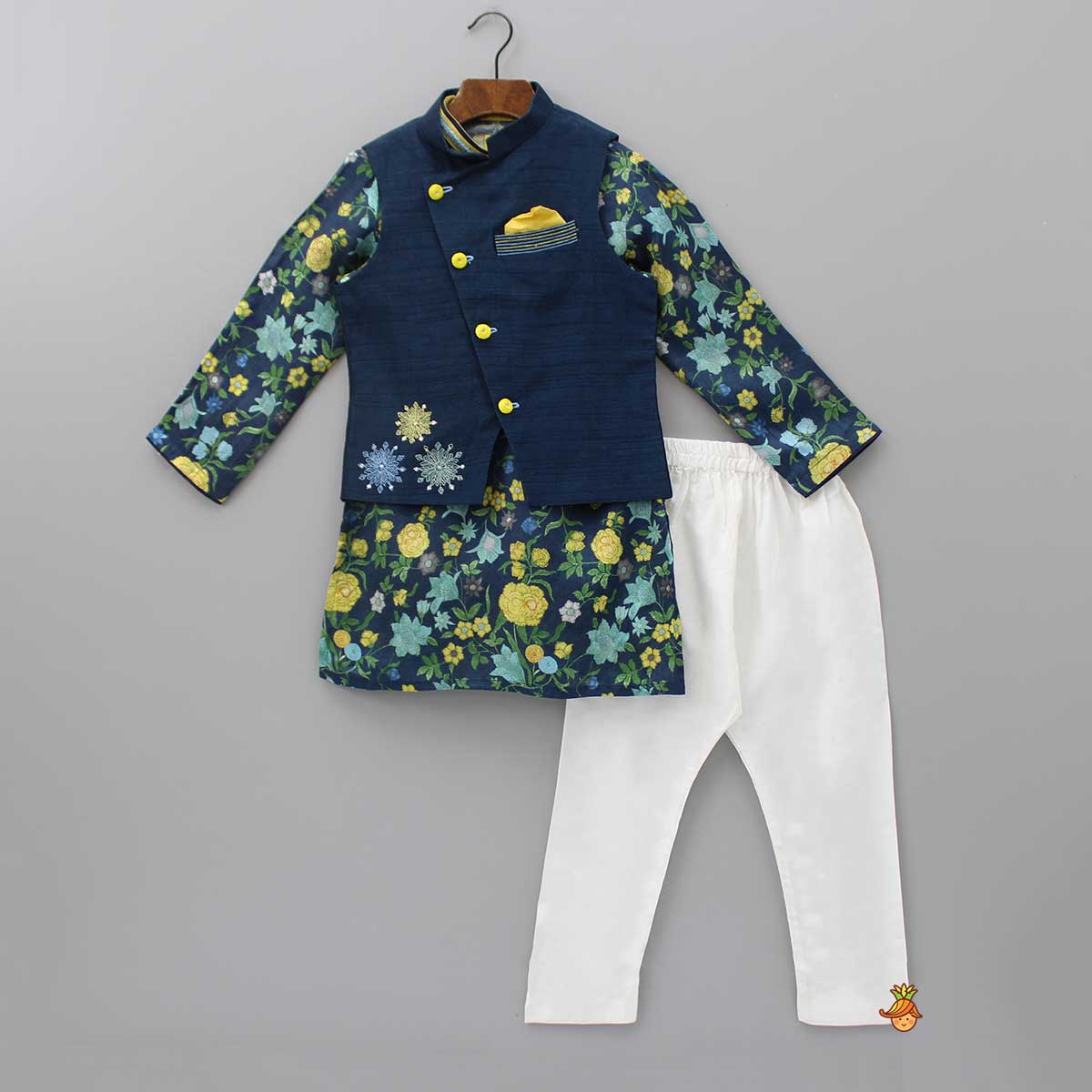 Pre Order: Printed Kurta With Embroidered Blue Jacket And Pyjama