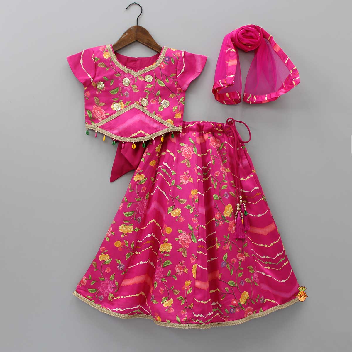 Pre Order: Floral Printed Stylish Pink Top With Lehenga And Net Dupatta