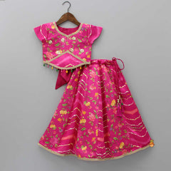 Pre Order: Floral Printed Stylish Pink Top With Lehenga And Net Dupatta