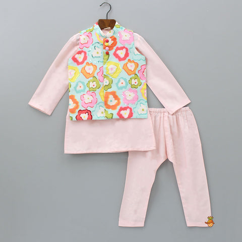 Pre Order: Ethnic Kurta With Vibrant Flowers Printed Jacket And Pyjama