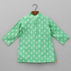 Ethnic Printed Green Kurta With Jacket And Pyjama