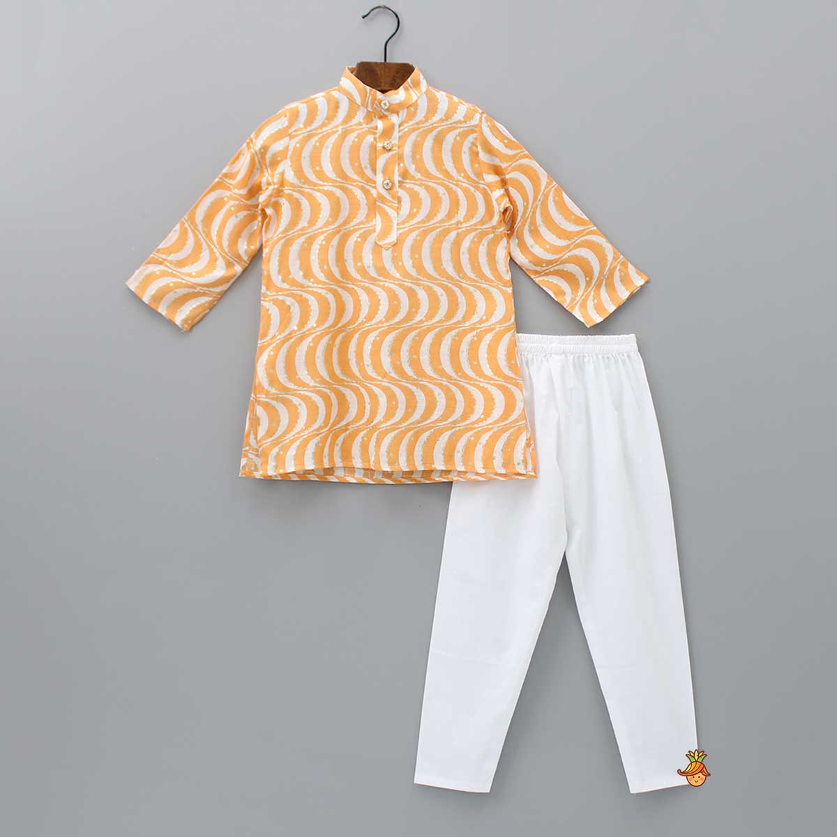 Ethnic Printed Orange Kurta With Jacket And Pyjama