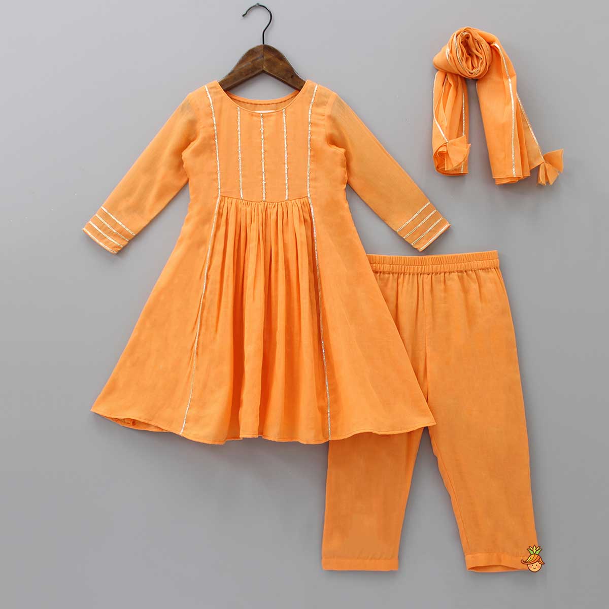 Pre Order: Beads Adorned Orange Kurti And Pant With Dupatta