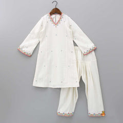 Pre Order: Exquisite Embroidered Off White Kurti And Salwar with Dupatta