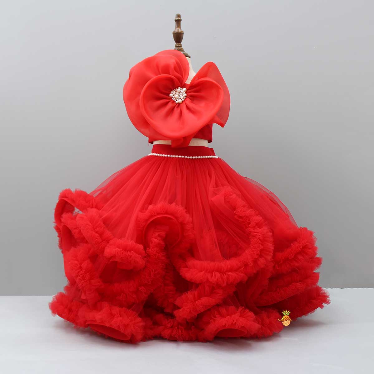 Pre Order: Fabulous Red Swirled Top With Ruffle Layered Lehenga