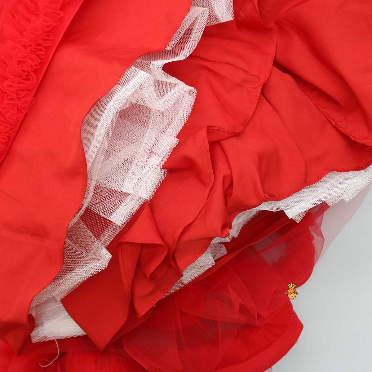 Fabulous Red Swirled Top With Ruffle Layered Lehenga