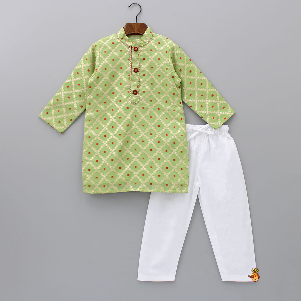 Green Kurta With Checks Embroidery And White Pyjama