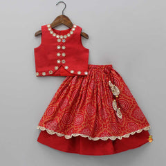 Pre Order: Faux Mirror Work Red Top With Bandhani Printed Lehenga And Dupatta