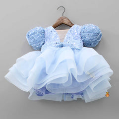 Pre Order: Sequined Blue Puff Sleeves Ruffle Dress With Bowie Head Band