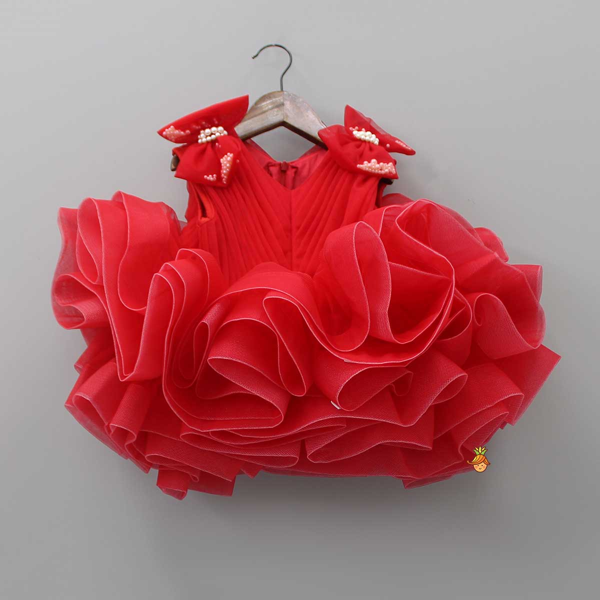 Bows Enhanced Ruffle Layered Red Net Dress