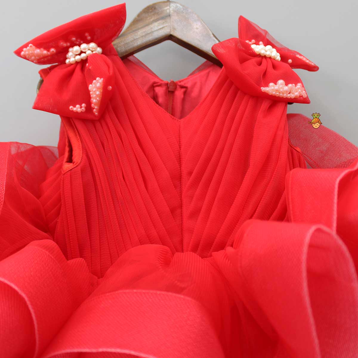 Bows Enhanced Ruffle Layered Red Net Dress