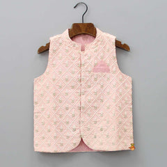 Cotton Silk Peach Kurta With Pocket Square Embroidered Jacket And Pyjama