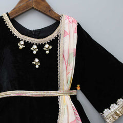 Pre Order: Beautiful Lace Work Black Velvet Anarkali With Attached Dupatta