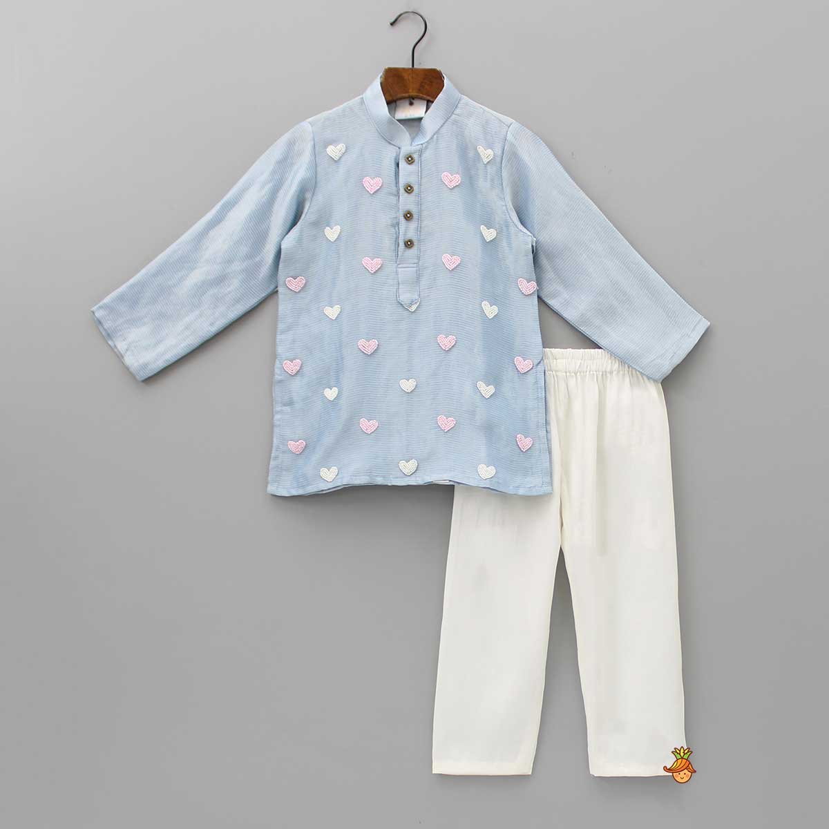 Pre Order: Beaded Hearts Embroidered Blue Kurta And Pyjama